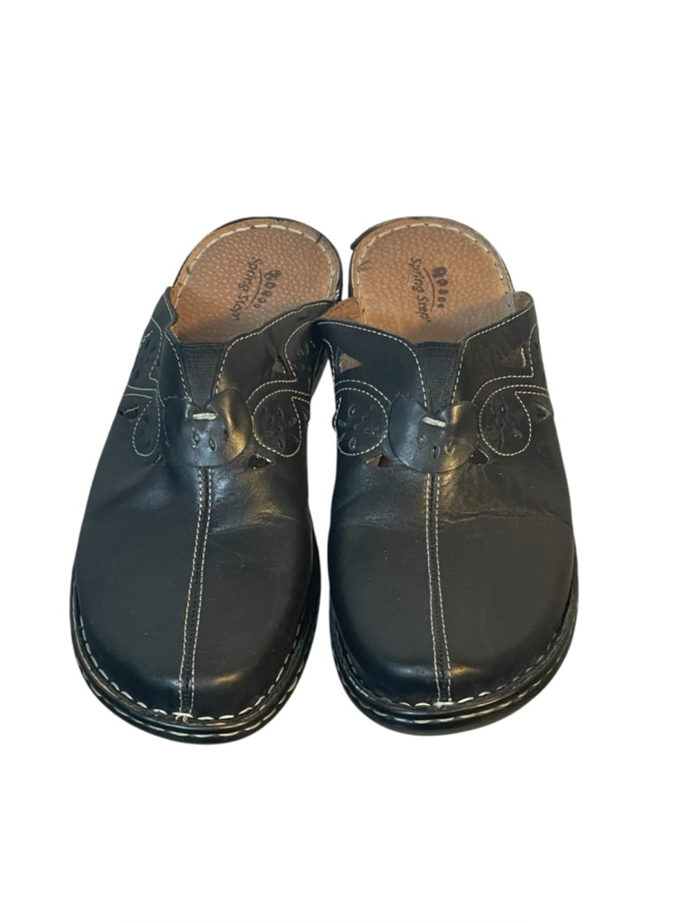 Spring Step Black Leather Cutout Stitched Slip On Clog Mule Shoe Sz 41 US 9.5/10